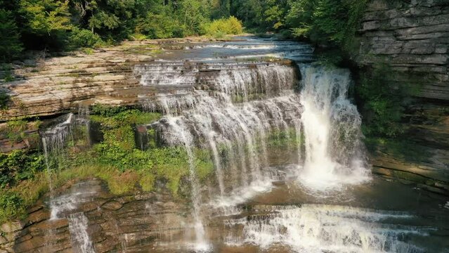 Cummins Falls, Popular Waterfall On Blackburn Fork River In Tennessee, USA. - aerial pullback