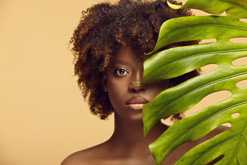 Closeup african ethnicity girl's face with green leave. Young beautiful african american woman with...