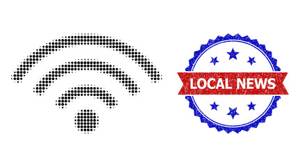 Halftone internet signal icon, and bicolor grunge Local News watermark. Halftone internet signal icon is designed with small circle dots. Vector watermark with distress bicolored style,