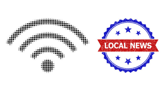 Halftone internet signal icon, and bicolor grunge Local News watermark. Halftone internet signal icon is designed with small circle dots. Vector watermark with distress bicolored style,