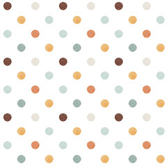 Watercolor seamless pattern. Polka dot baby print. Brown, beige, blue, orange dots on white background. For wallpapers, postcards, wrappers, greeting cards, textile, invitations