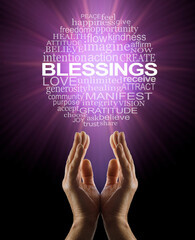 Blessings Wall Art Word Cloud -  male hands reaching up towards a circular BLESSINGS tag cloud...