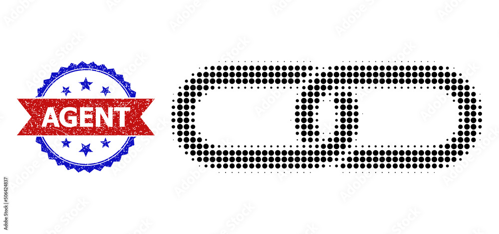 Poster halftone chain linkage icon, and bicolor unclean agent watermark. halftone chain linkage icon is con