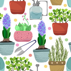 Home gardening.Vector illustration. Different houseplants and succulent, plant sprayer, small scissors, shovel. Handmade, light  background, seamless pattern