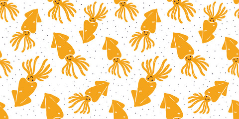 Fun orange octopus on white background. Seamless pattern.