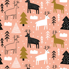 Christmas seamless pattern with spruces, deer, trees and snowflakes on white background.