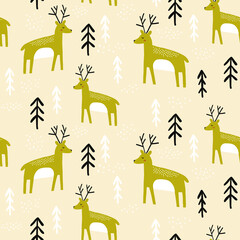 Hand drawn Christmas seamless pattern with deers, tree, and snowflake. Holiday background. Unique hand drawn texture. Vector illustration