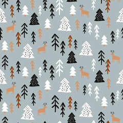 Christmas pattern with seamless drawing of reindeer, forest tree and rabbit. Natural floral drawing for winter season and Christmas holiday. Vector illustration ready for print.