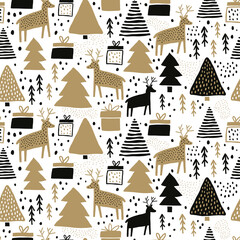 Holiday pattern Christmas decoration. Snow in the woods. White trees and spruce. Vector illustration.