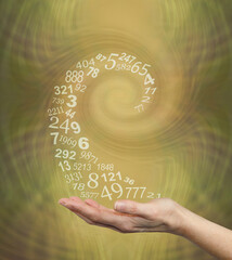 Sending out a Numerology spiral concept - femal open palm with a spiralling stream of random...