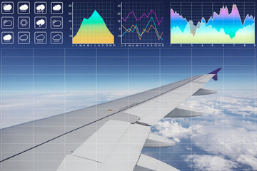 Environmental climate symbol with graph and chart on wing and engine of aircraft on blue sky and white clouds  for meteorology and travel industry presentation and report background.