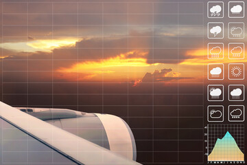 Environmental climate symbol with graph and chart on wing and engine of aircraft at twilight time for meteorology and travel industry presentation and report background.