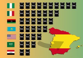 Países exportadores de petróleo o crudo a España con las banderas de Nigeria, México, Libia, Kazajistán, EEUU,  Arabia Saudí e Irak, barriles de petróleo y el mapa de España con su bandera - obrazy, fototapety, plakaty