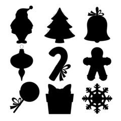 Set of vector silhouettes of stylized christmas symbols. Santa Claus, bell, bauble, lollipops, gift box, snowflake, gingerbread man and new year tree