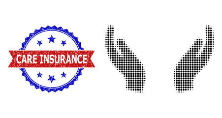 Halftone care palms icon, and bicolor unclean Care Insurance watermark. Halftone care palms icon is designed with small circle dots. Vector watermark with unclean bicolored style,