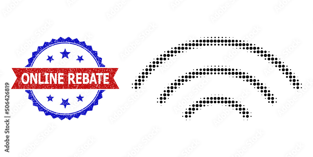Poster halftone wireless signal icon, and bicolor unclean online rebate seal stamp. halftone wireless signa