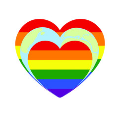 Hand drawn vector illustration of the world in heart shape between couple of pride LGBT hearts isolated on white background.