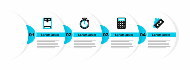 Set line Stacks paper money cash, Calculator, Stopwatch and Envelope icon. Vector