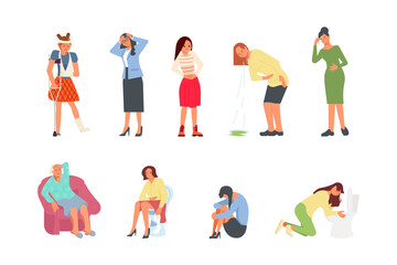 Fototapeta premium Set of ill different sick women isolated on white background