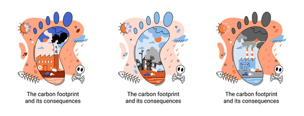Carbon footprint and consequences metaphor. Causes of climate change on planet. Record high levels of carbon dioxide CO2 in atmosphere. Environmental, ecological problems air and atmosphere pollution