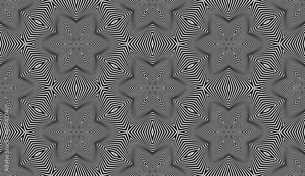 Poster optical seamless pattern of hexagonal black striped flowers. trippy repeatable texture.