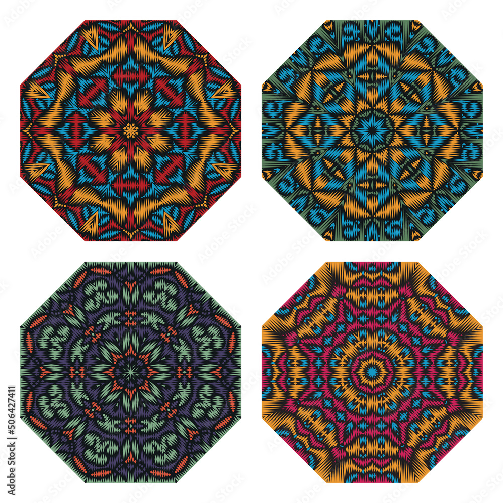 Poster set of octagonal symmetric patterned elements. vintage circular embroidery patterns for carpet.