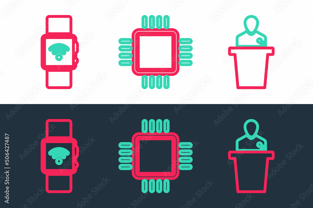 Poster set line speaker, smartwatch with wireless and processor cpu icon. vector