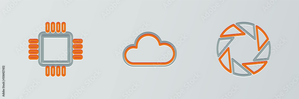 Poster set line camera shutter, processor with cpu and cloud icon. vector
