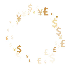Euro dollar pound yen gold icons scatter currency vector background. Payment backdrop. Currency