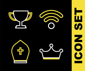 Set line Wi-Fi wireless network, Crown, Pope hat and Trophy cup icon. Vector