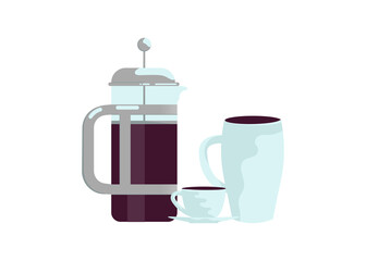 Glass coffee maker is full of coffee and porcelain cups