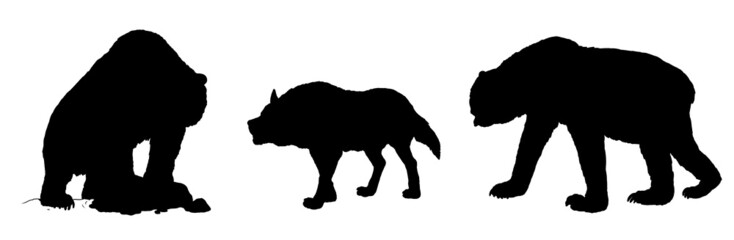 Prehistoric predators - cave bear, dire wolf and short-faced bear. Drawing with extinct predator. Silhouette drawing with wolf and bear.