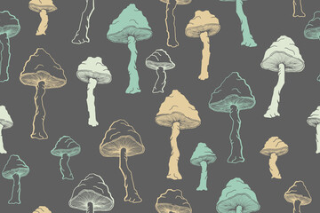 Amanita choky inedible mushrooms seamless pattern vector illustration.