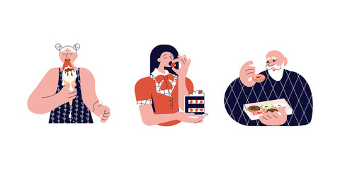 Set of different people eat confection illustration