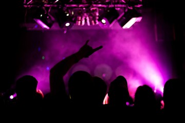 raised hands of crazy people at a rock concert, front and back background is blurred with bokeh effect