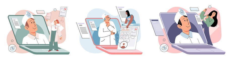 Online medical services mobile app, consultation and prescription medicine, diagnostics, professional doctor connecting and giving consultation for patient, telemedicine metaphor, health care program