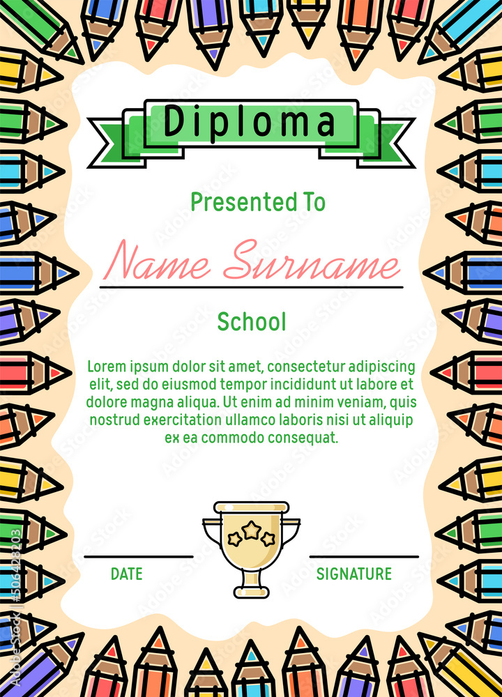 Wall mural Children's diploma on the background of colored pencils. Template for certificate, announcement, certificate of appreciation, award. Vector illustration