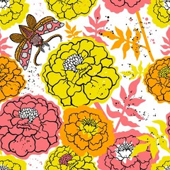Zelfklevend Fotobehang Vector seamless pattern of bright flowers. A butterfly flies on the flowers. Flowerbed, meadow, garden design for printing on fabric, paper, packaging, wallpaper. © Maryna