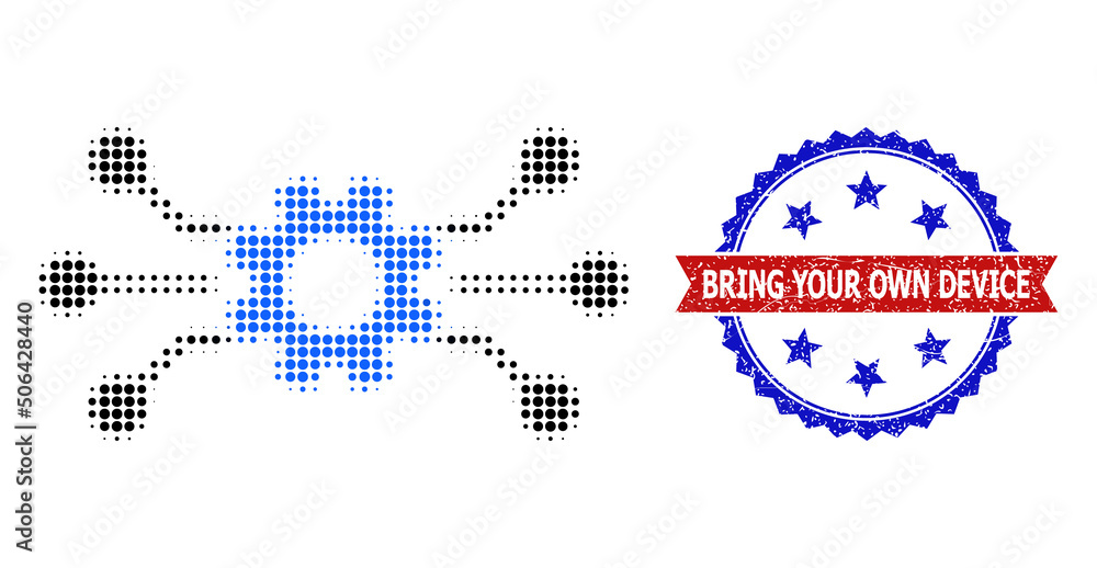 Poster halftone circuit gear icon, and bicolor dirty bring your own device watermark. halftone circuit gear
