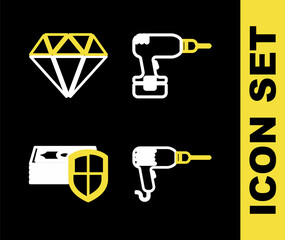 Set line Drill machine, Power bank and Umbrella icon. Vector