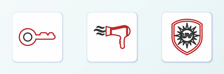 Set line UV protection, Diamond and Hair dryer icon. Vector