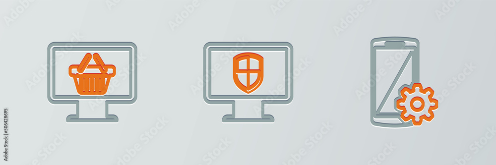 Poster set line setting on smartphone, monitor with shopping basket and and shield icon. vector
