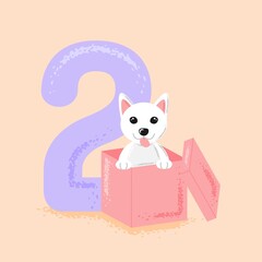 Cute cartoon puppy with tongue sticking out, peeking out of a gift box to wish you a happy 2nd birthday. Template card or invitation for birthday, holiday, event, party.