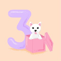 Cute cartoon puppy with tongue sticking out, peeking out of a gift box to wish you a happy 3rd birthday. Template card or invitation for birthday, holiday, event, party.