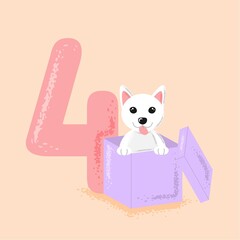 Cute cartoon puppy with tongue sticking out, peeking out of a gift box to wish you a happy 4th birthday. Template card or invitation for birthday, holiday, event, party.