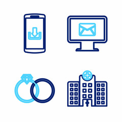 Set line Medical hospital building, Wedding rings, Monitor and envelope and Smartphone with download icon. Vector