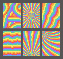 Set Of Cool Vintage Y2k backgrounds. Groovy Psychedelic Posters.Retro Funky Colorful Backdrops.