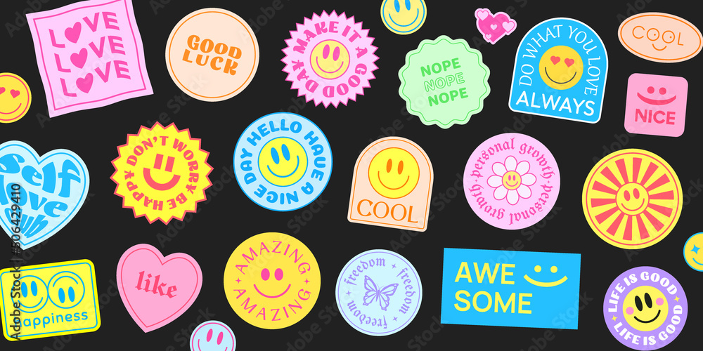 Poster cool trendy patches vector design. abstract background with stickers. good vibes, positive energy an