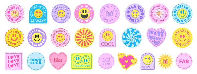 Cool Y2K Stickers Pack Vector Design. Trendy Cute Girly Patches Collection. Smile Emotions. - obrazy, fototapety, plakaty
