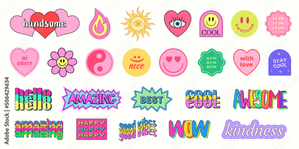 Poster set of cool y2k smile stickers vector design. trendy pop art patches.